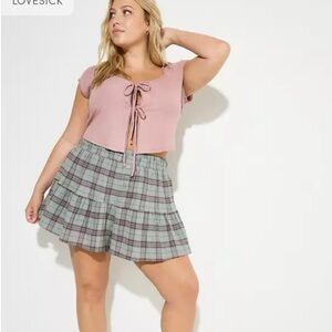 Pink Crop Top with Plaid Skirt